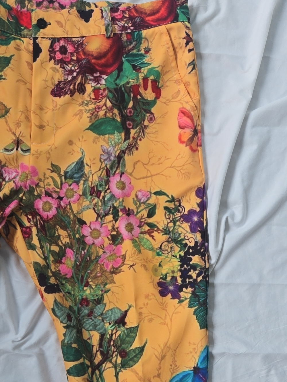 Men's Yellow Pants With Much Flowers/Foliage Front/Back Beautiful Multi Colors - Picture 7 of 13